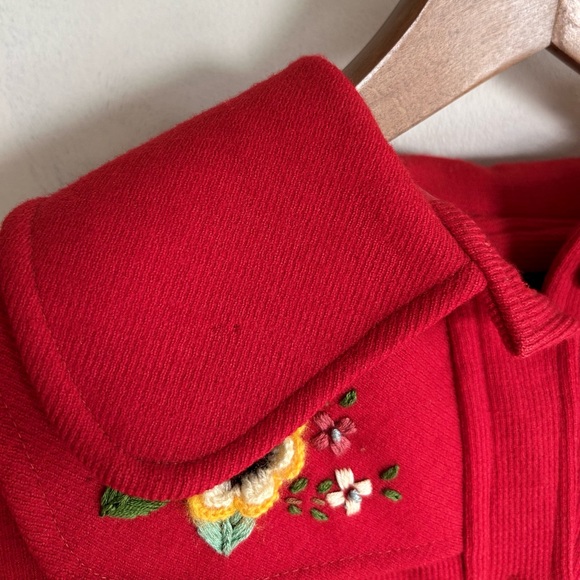 Vintage Red Wool Coat Embroidered Crochet Accents - Picture 4 of 14